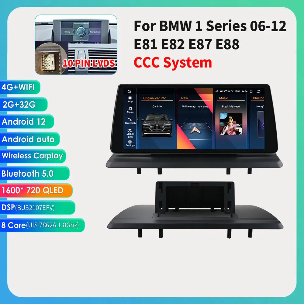10.25"Android 12 For BMW 1 Series E81 E82 E87 E88 CCC CIC Autoradio multimedia player 2din DSP Carplay 7862 Head Unit 4G Screen
