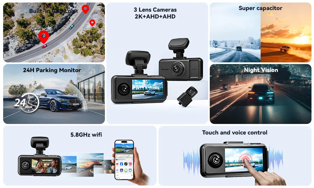 REDTIGER A6  4K Dash Cam Built-in 5.8Ghz WiFi GPS Car DVR Upgrade Night Vision Parking Monitor 3 Cameras Front/Cabin/Rear Cam