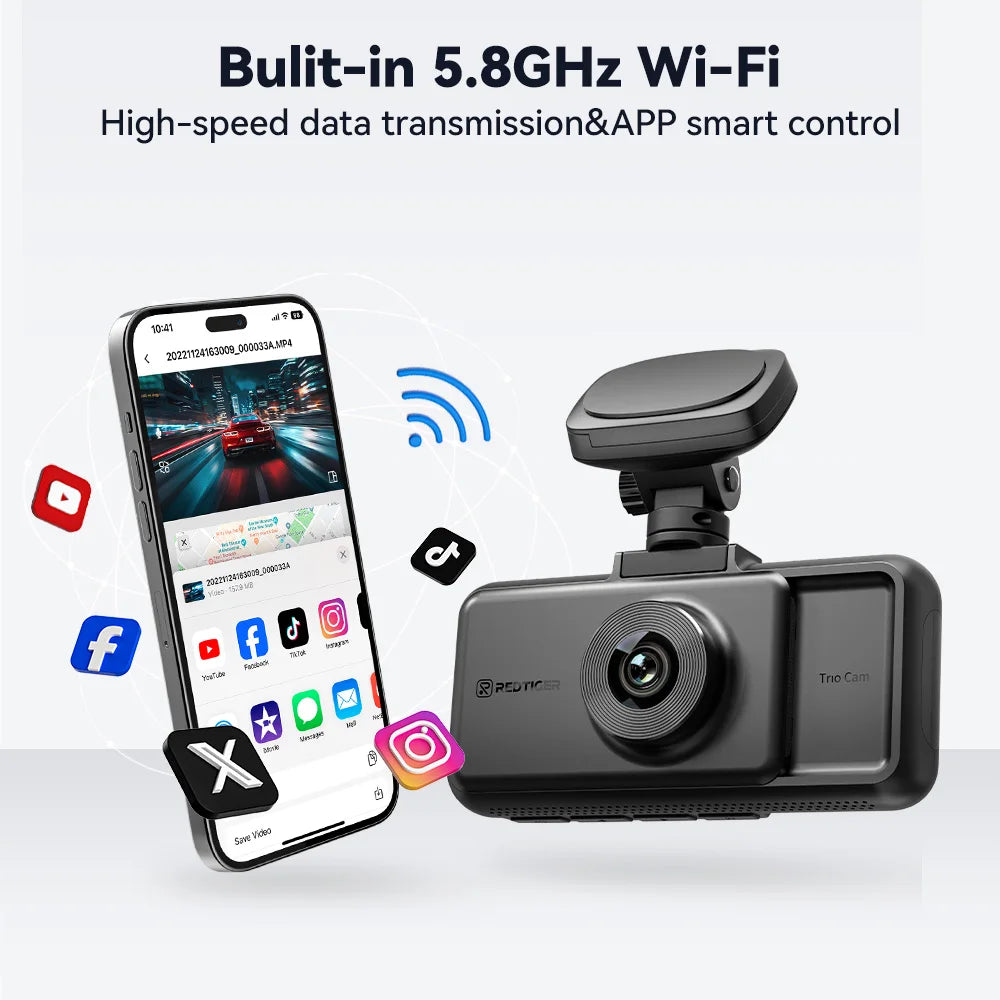REDTIGER A6  4K Dash Cam Built-in 5.8Ghz WiFi GPS Car DVR Upgrade Night Vision Parking Monitor 3 Cameras Front/Cabin/Rear Cam