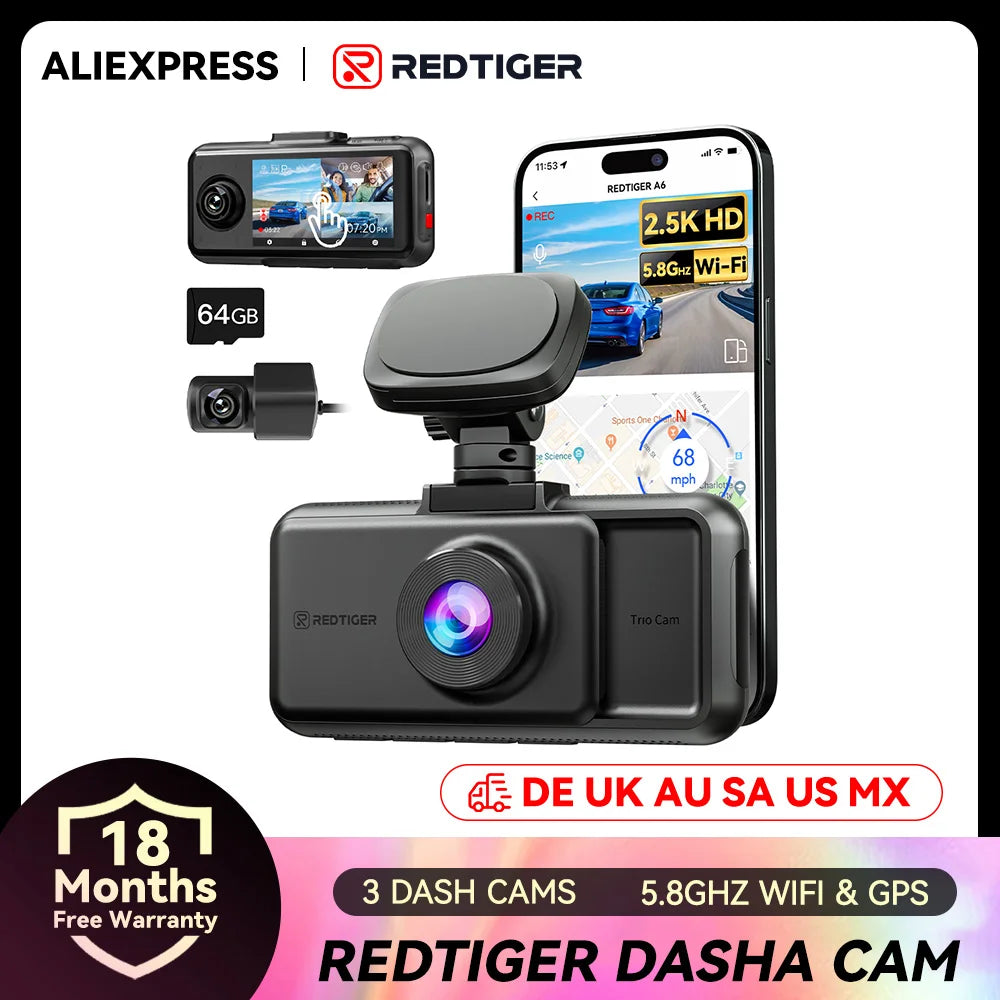 REDTIGER A6  4K Dash Cam Built-in 5.8Ghz WiFi GPS Car DVR Upgrade Night Vision Parking Monitor 3 Cameras Front/Cabin/Rear Cam