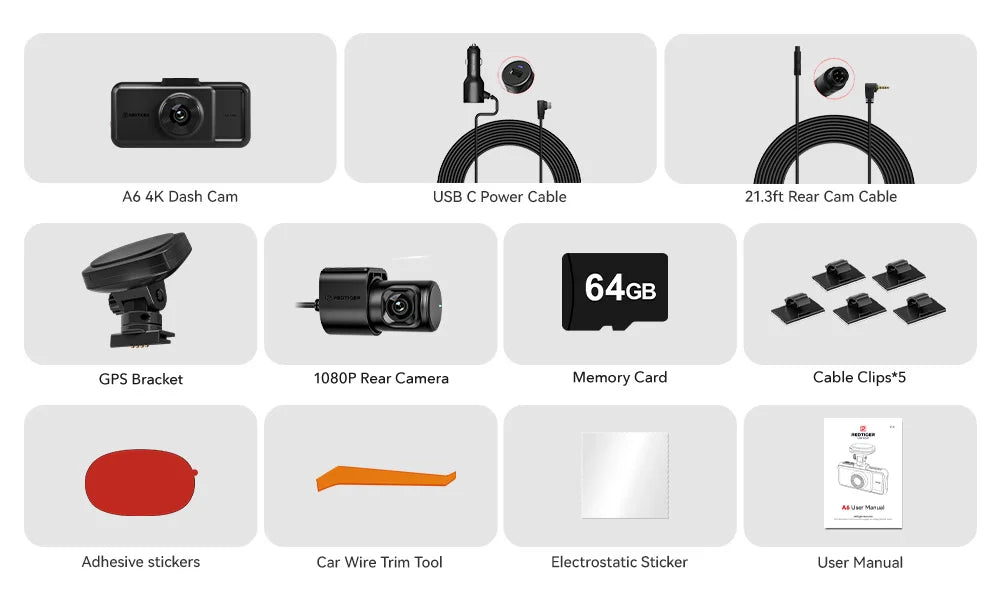 REDTIGER A6  4K Dash Cam Built-in 5.8Ghz WiFi GPS Car DVR Upgrade Night Vision Parking Monitor 3 Cameras Front/Cabin/Rear Cam