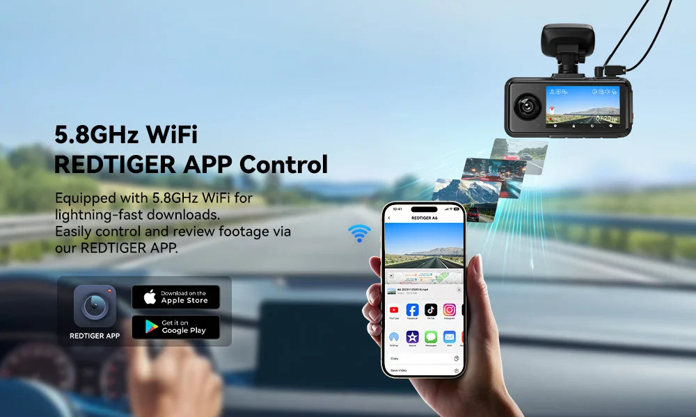 REDTIGER A6  4K Dash Cam Built-in 5.8Ghz WiFi GPS Car DVR Upgrade Night Vision Parking Monitor 3 Cameras Front/Cabin/Rear Cam