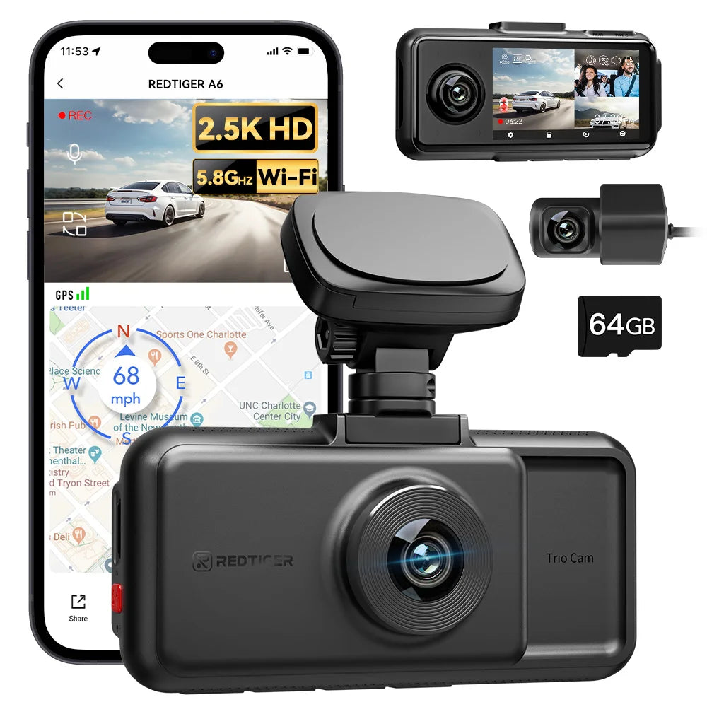 REDTIGER A6  4K Dash Cam Built-in 5.8Ghz WiFi GPS Car DVR Upgrade Night Vision Parking Monitor 3 Cameras Front/Cabin/Rear Cam